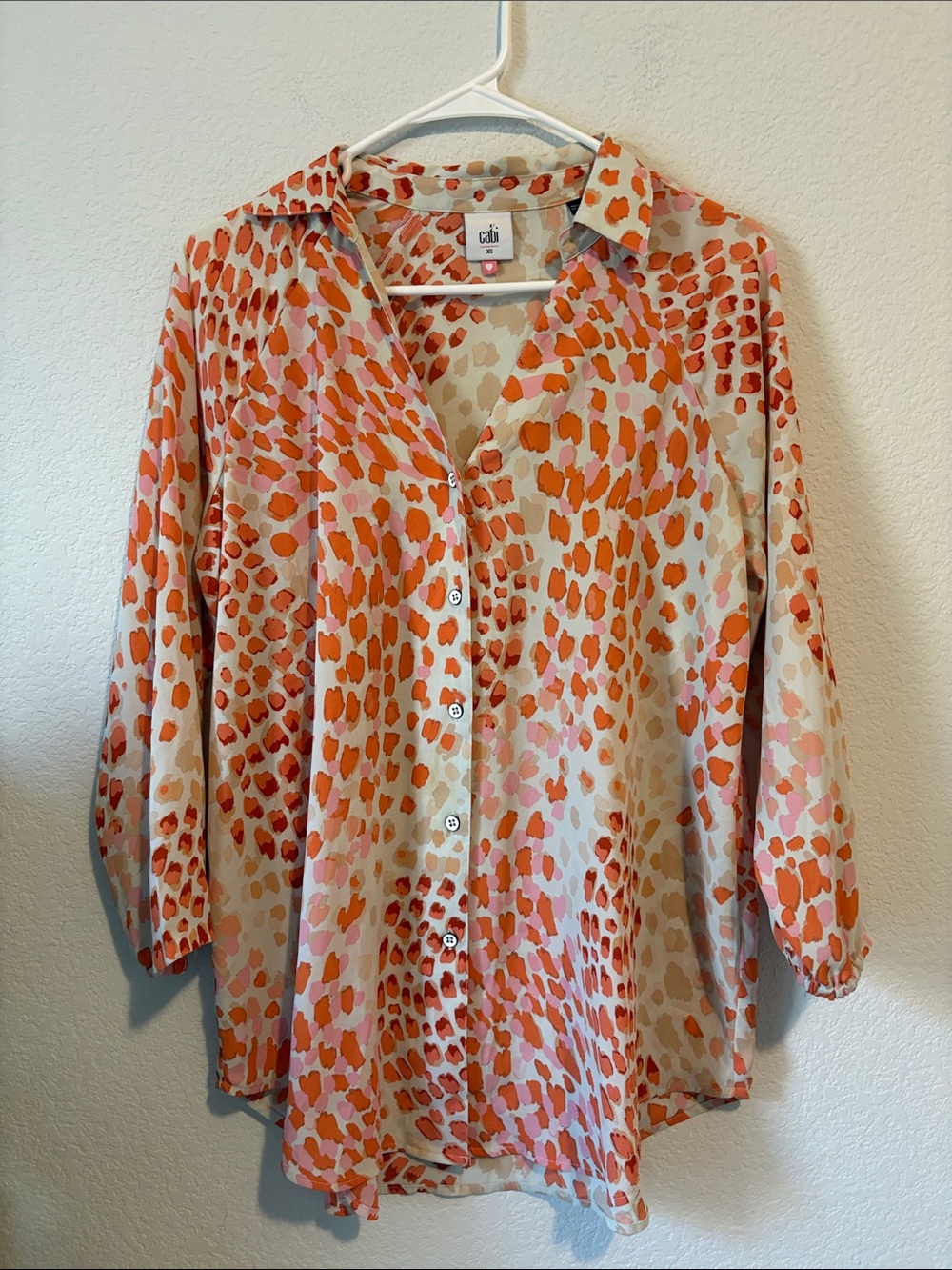 CAbi Cream Button-Down Blouse with Orange and Pink Spot Print XS